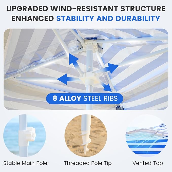 Zeraty Beach Cabana 8'×8', Portable Beach Canopy with Side Wall, UPF 50+ Silver-Coated Beach Tent Sun Shelter Easy Pop Up, Wind Resistant Adjustable Height Beach Umbrella Tent for Family, Navy Blue