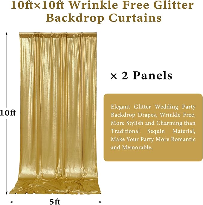 Outpain 10x10ft Gold Sequin Backdrop Curtains, Wrinkle Free Glitter Backdrop Drapes for Wedding Parties Photography Stage Decor, Non-Shedding 2 Panels Set (5x10ft Each)