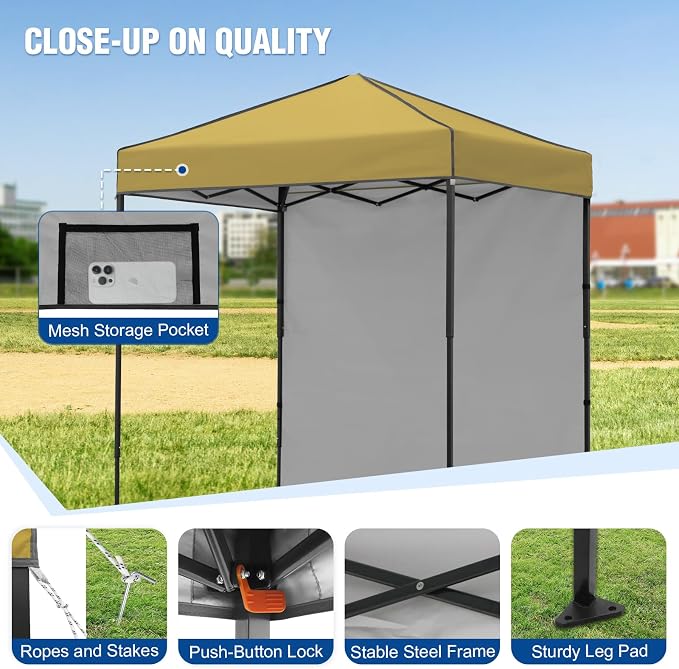 6x4 Pop Up Canopy Tent with One Wall Panel, Instant Portable Beach Canopy, Outdoor Tent with Carry Bag for Camping, Sports, Tailgating, Events, Beige