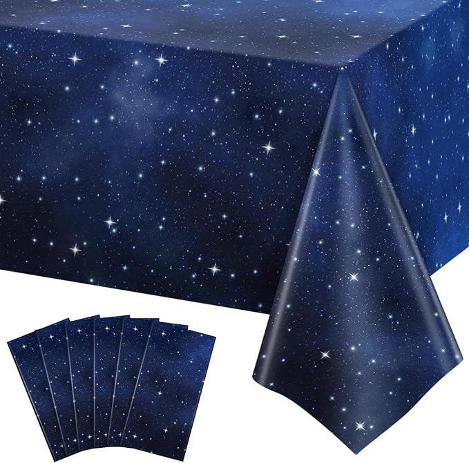 NatNarr 6 Pack Plastic Space Tablecloth, 54 x 108 Inch Disposable Galaxy Themed Tablecloth Waterproof Rectangle Star Party Table Cover for Home Party Decorations