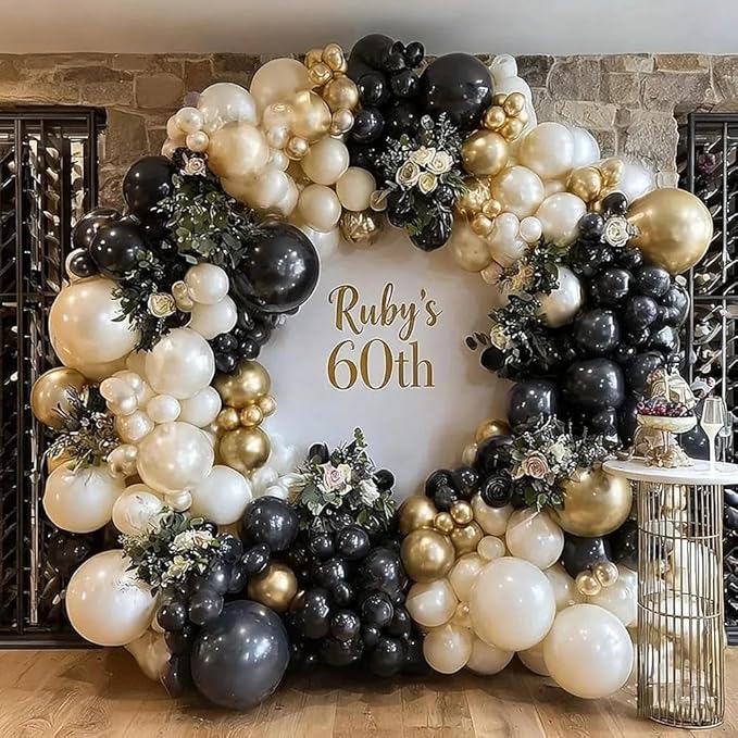 Black White Gold Balloon Garland Double Stuffed, Pearl Sand Champagne Gold Balloons Cream Beige Balloon Arch Kit for Birthday Graduation Wedding Bachelorette Engagement Party Decorations