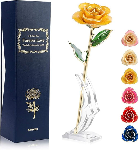 Ejoyous 24K Gold Dipped Real Rose w/Rose Stand Forever Blooming Yellow Golden Rose Her on Christmas Birthday Proposal Valentines Day Wedding Anniversary, Yellow with Stand