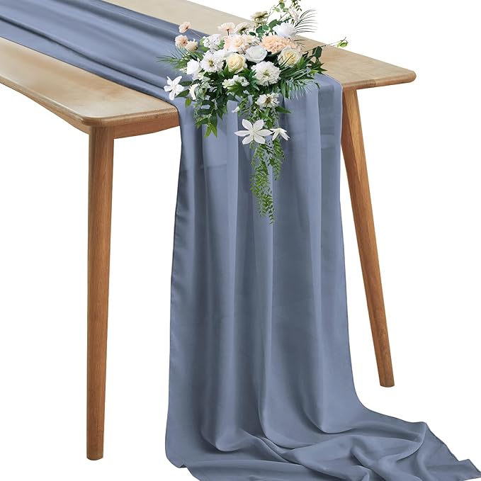 Horbaunal Dusty Blue Chiffon Table Runners 10FT Sheer Chiffon Runner 29x120 Inches Romantic Boho Rustic Table Runner for Wedding Party Bridal Baby Shower Table Decorations