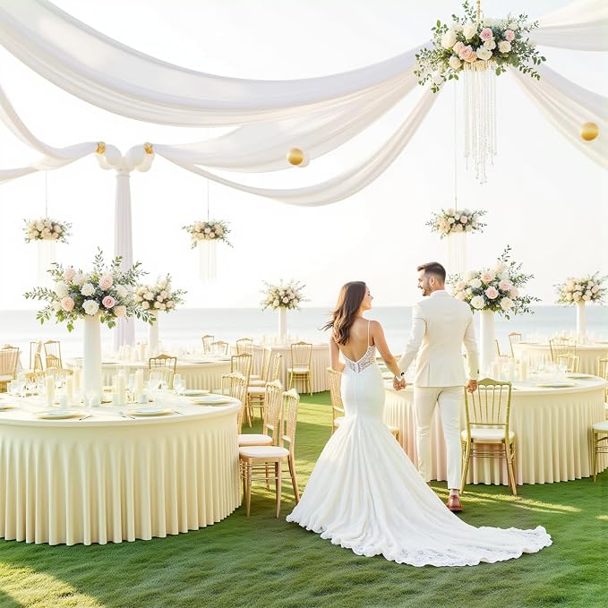 60 Inch Ivory Round Tablecloth,Washable and Wrinkle-Free Circular Table Cover with Elastic Edge for 5FT Tables, Reusable Table cloth for Wedding Banquet Party Birthday Buffet Family Reunion