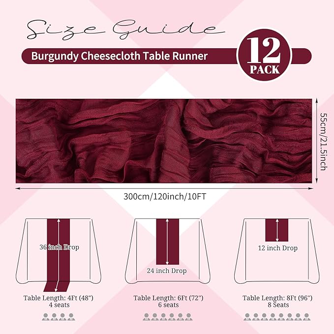 12 Pack Burgundy Cheesecloth Table Runner 120 inch Fall Thanksgiving Boho Rustic Gauze Farmhouse 10FT Cheese Cloth Runner for Baby Shower Wedding Party Holiday Home Decor