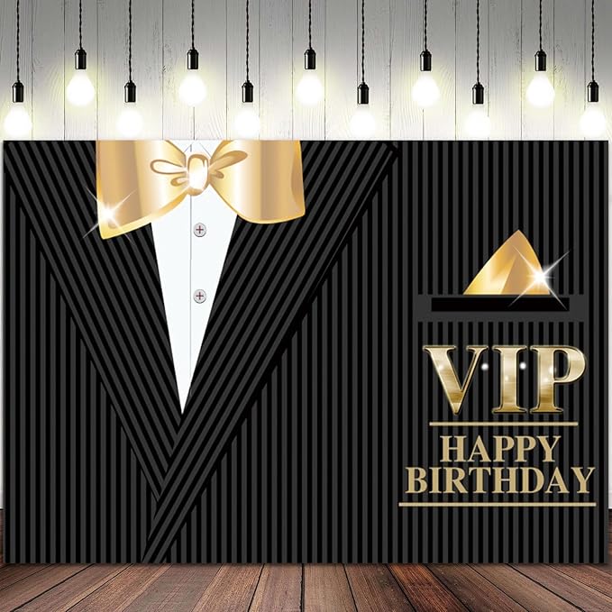 10x7ft Happy Birthday Backdrop VIP Photography Background Gentleman Black Tuxedo Suits White Shirts Gold Bow Tie Men Birthdays Party Banner Decorations Boys Kids Portrait Photo Booth Prop