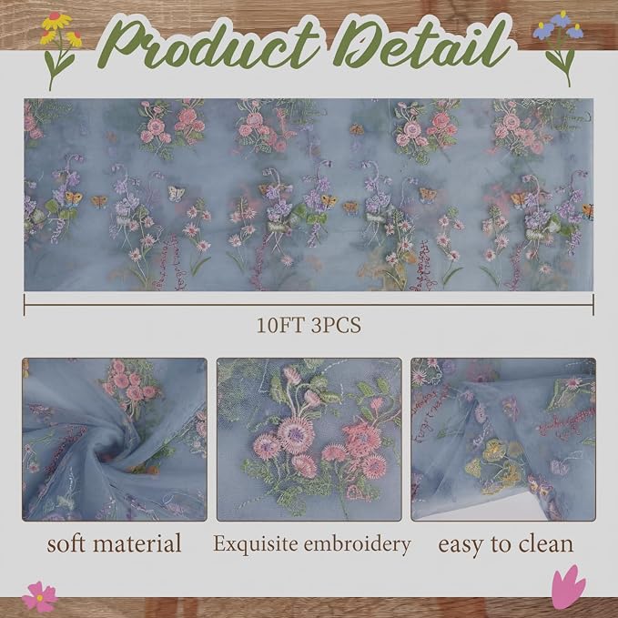 Blue Floral Table Runner 10ft Embroidery Tulle Spring Wildflower Table Runner Seasonal Summer Butterfly Kitchen Dining Gauze Decoration for Wedding Baby Bridal Shower Birthday Party (3 Pcs)