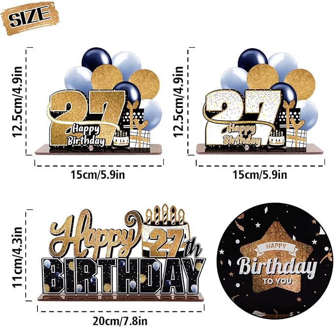 LINGTEER Happy 27th Birthday Gold Acrylic Table Topper Centerpieces Set - Cheers to 27 Years Old Birthday 27th Bday Party Gift Decorations.