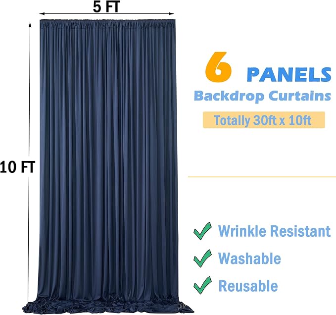 30ftx10ft Navy Blue Backdrop Curtains for Parties Wrinkle Free 6 Panels Navy Photo Backdrop Drapes Back Drop Cloth for Wedding Birthday Photography Background
