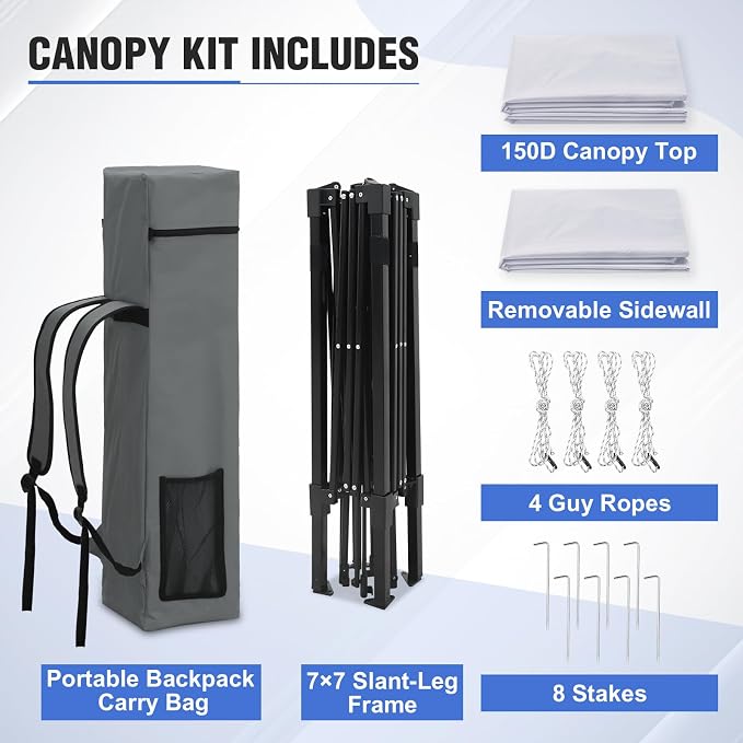 EAGLE PEAK 8x8 Pop Up Canopy Tent with Extended Eaves & Sidewall, Compact, Portable, Easy Setup Slant Leg Instant Shelter for Beach, Sports, & Camping, 8x8 Base 7x7 Top, White