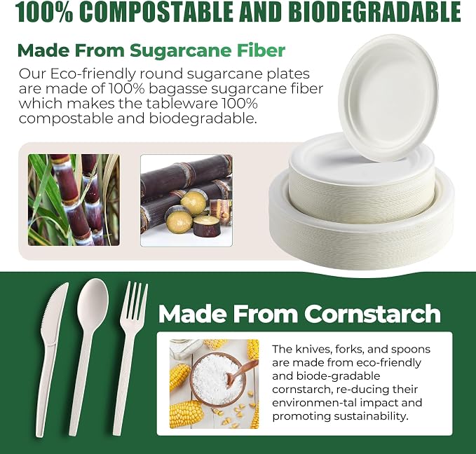 250 Pcs Biodegradable Paper Plates Set Disposable Dinnerware | Eco Friendly Compostable, Extra Long Utensils, Includes Forks, Knives & Spoons, For Party & Birthday, Camping