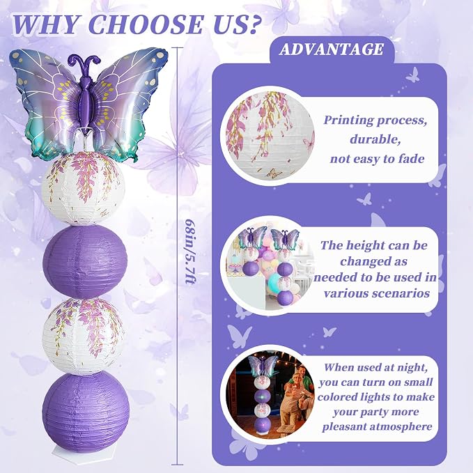 Purple Butterfly Balloon Column Stand Kit And Paper Lantern 2 Sets 5.7 Feet with Reusable Metal Telescopic Design for Butterfly Parties, Birthday Decorations,Wedding