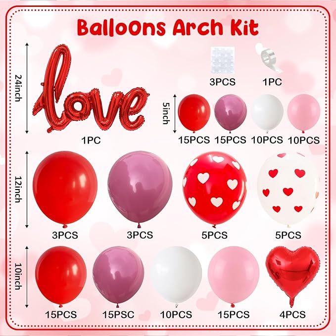 Valentines Day Balloons Arch Garland Kit, 126Pcs Red Pink Valentines Party Decorations with LOVE Red Heart Balloon for Galentines Anniversary Engagement Wedding Supplies