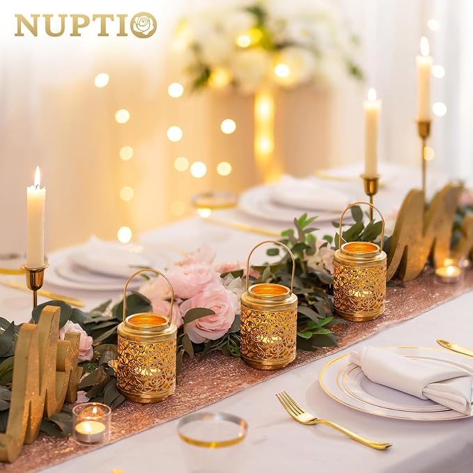 NUPTIO Gold Candle Lanterns Decorative: 6 Pcs Hanging Metal Tealight Candles Holder 4.1inch Brass Mini Tea Light Lantern Centerpiece for Weddings Bridal Shower Anniversary Table Decor (Style 3)