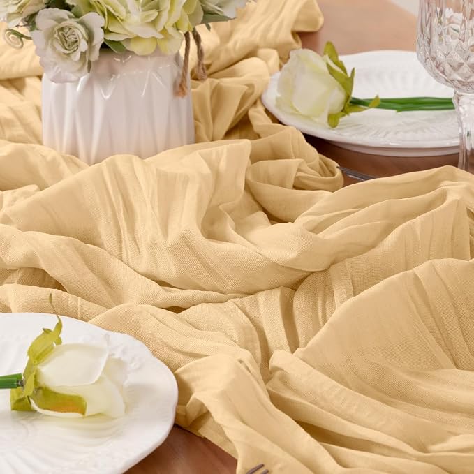 LINXTAR Beige Cheesecloth Table Runner 120 Inches 10Ft Gauze Summer Boho Table Runner for Wedding Tea Party Baby Shower Bridal Birthday Home Decoration