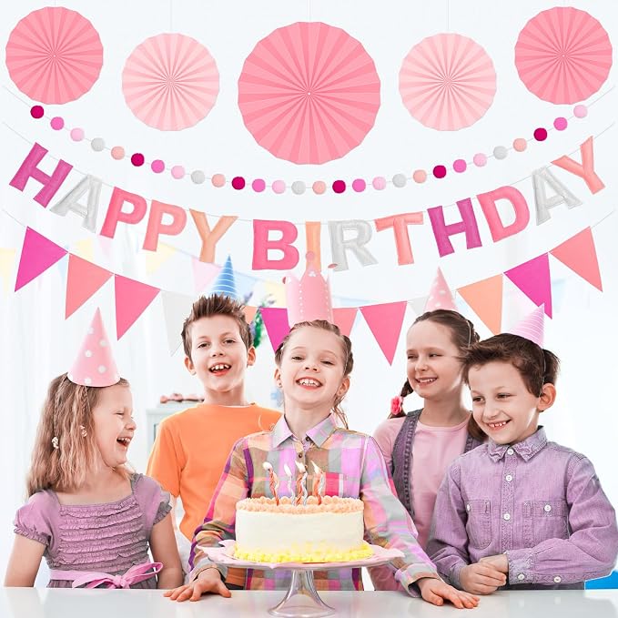 Pre-Strung Happy Birthday Banner, Reusable Felt Birthday Party Decorations, 3D Effect Happy Birthday Sign with Felt Ball Garland, Pennant Flag, Hanging Paper Fans for Men Women Boy Girls (Pink)
