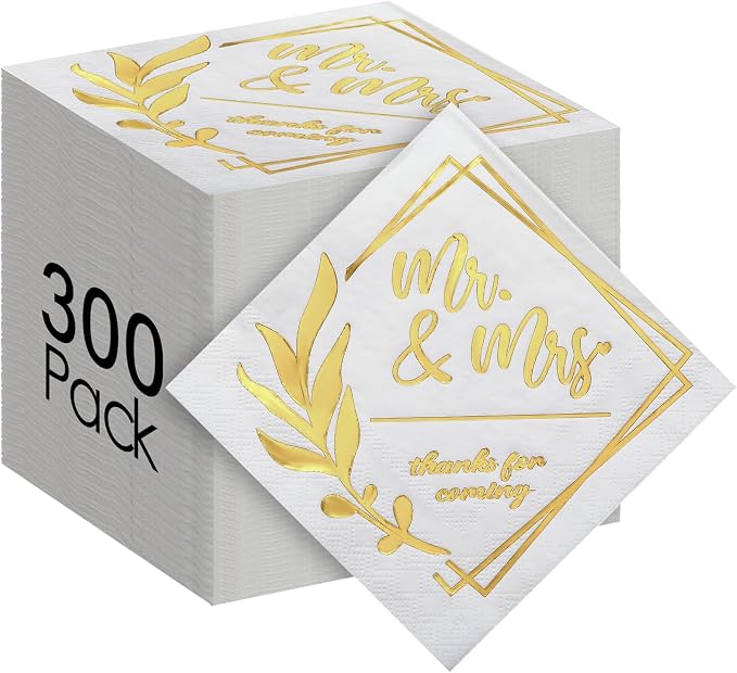 Tinlade 300 Pcs Mr and Mrs Wedding Napkins for Reception 3 Ply Gold Disposable Cocktail Dessert Napkins Beverage Decor for Engagement Table Decorations Bridal Shower Party Supplies,5 x 5 Inch