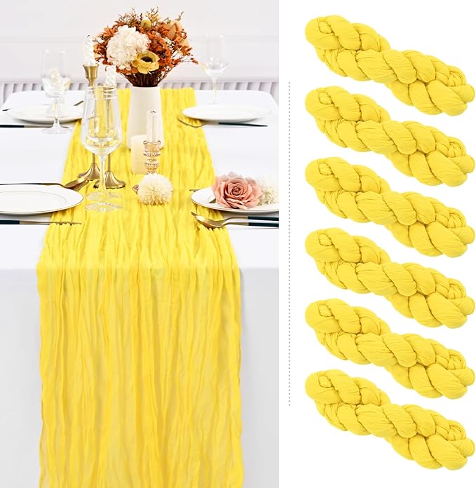 Showgeous 6 Pack Yellow Cheesecloth Table Runner, 10FT Long Semi-Sheer Boho or Rustic Gauze Table Runner Wedding Table Decor for Wedding Arch Draping Bridal Shower Holiday Party