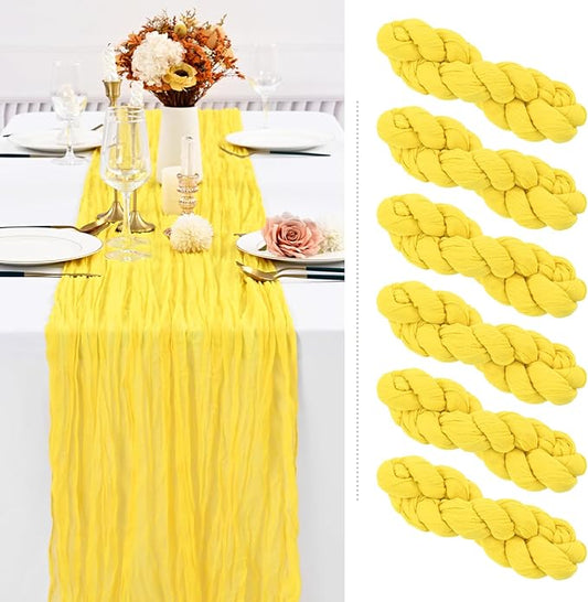 Showgeous 6 Pack Yellow Cheesecloth Table Runner, 10FT Long Semi-Sheer Boho or Rustic Gauze Table Runner Wedding Table Decor for Wedding Arch Draping Bridal Shower Holiday Party