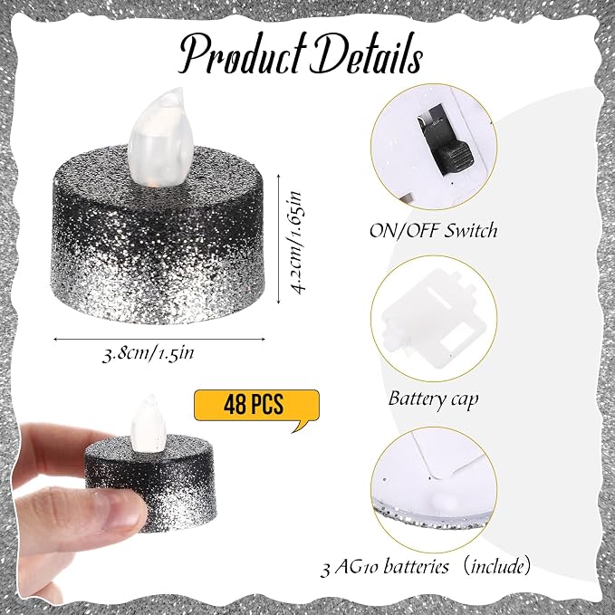 Retisee 48 Pcs Flameless LED Tea Lights Glitter Electric Fake Candles for Centerpieces Battery Operated Anniversary Decorations Romantic Winter Decor for Wedding Christmas Birthday(Black Silver)