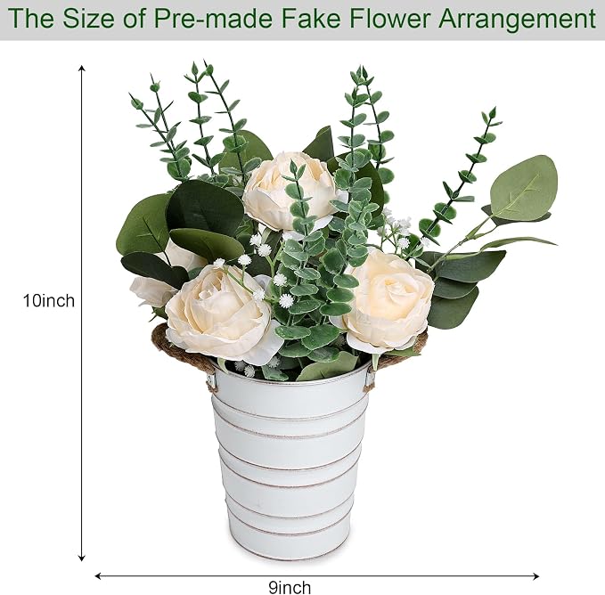 Artificial Flowers in Pot - 10 Inches Pre-Made Large Faux Silk Rose Floral Greenery Table Centerpieces with Rustic Tall Metal Vase for Farmhouse Home Decoration - Champagne