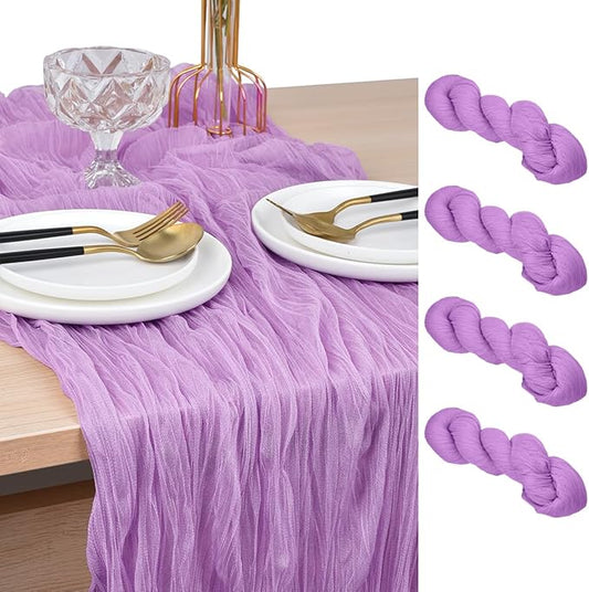 Joanlody Lilac Cheesecloth Table Runner 10Ft Rustic Gauze Boho Spring Summer Cheese Cloth Table Runner for Wedding Bridal Baby Shower Decoration 4 Pack