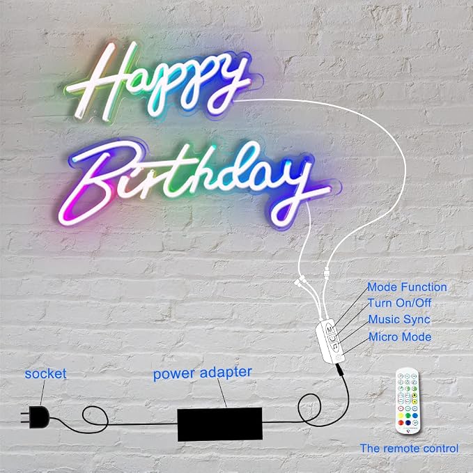Extra Large Neon Happy Birthday Sign - Multi Color Happy Birthday Sign, Happy Birthday Light Up Sign for Backdrop with Switch/APP/Remote Control - Happy Birthday LED Sign for Backdrop, Party, Decoration