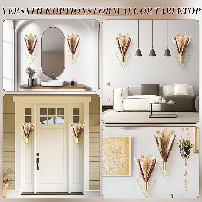 Hanaive 4 Sets Boho Gold Wall Decor Metal Wall Art Hanging Planters with Artificial Pampas Display Art Modern Home Metal Vase for Bedroom Room Home Office (Gold,Mixed Style)