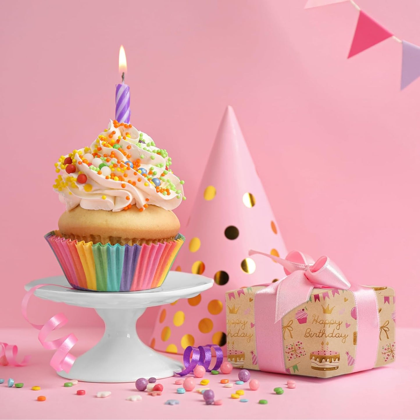 Aimyoo Birthday Wrapping Paper Roll - 17 Inch X 32.8 Feet - Gold Foil Celebration Cake, Gift Box,Happy Birthday Lettering Design Gift Wrap for Kids, Baby Showers