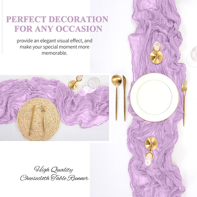 8 Pack 10Ft Cheesecloth Table Runner Lavender, 20 x 120 Inch Rustic Gauze Boho Cheese Cloth Table Runners Wedding Long Table Runner for Wedding Party Bridal Shower Table Decoration
