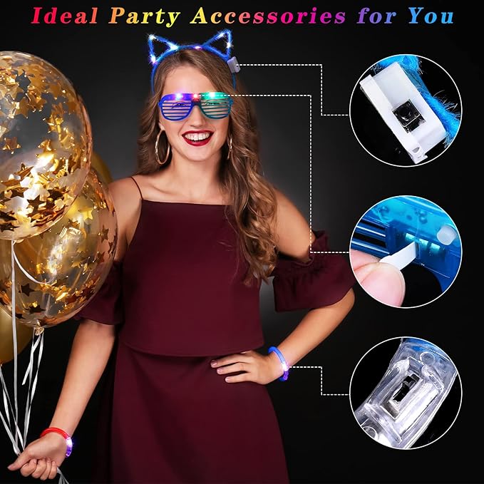 Elcoho 60 Pieces Glow in the Dark Party Supplies LED Light Up Toy Party Favors Includes 20 LED Shutter Glasses, 20 Glow Headbands, 20 LED Glow Bracelets, Neon Party Favors for Glow Party, Birthday