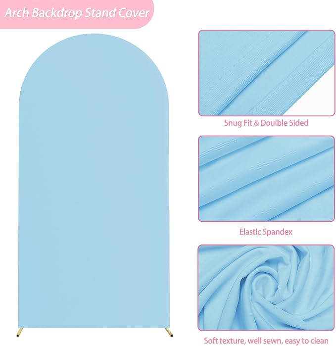 Putros Arch Backdrop Stand and Cover Set, 6.6ft, Gold Arch Stand with Dusty Blue Cover, Metal Arched Background Frame for Wedding, Birthday Party, Baby Shower, Photography Decoration