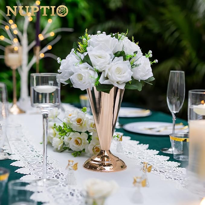 2 Pcs Tabletop Metal Wedding Flower Trumpet Vase, 9.8 inch Table Decorative Centerpiece, Artificial Flower Arrangements for Anniversary Ceremony Party Birthday Event Aisle Home Decoration (Gold)