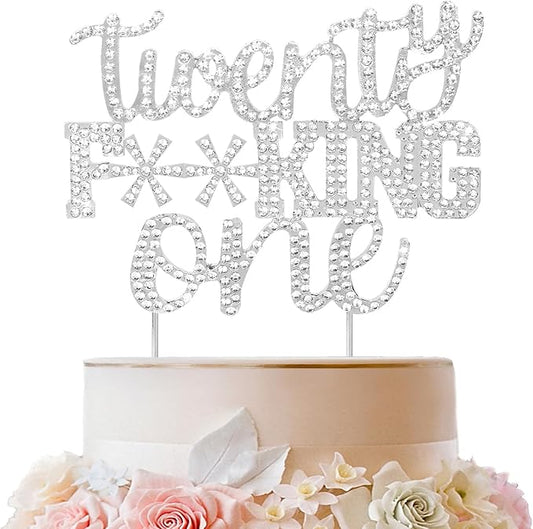 LINGTEER Happy 21st Birthday Silver Rhinestone Funny Cake Topper - Cheers to 21 Years Old Birthday Party Cake Centerpieces Topper Decorations Gift Sign.