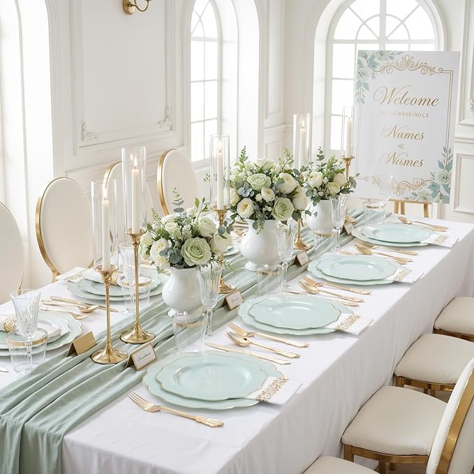 NOCCUR 175PCS Sage Green Plastic Plates with Gold Disposable Silverware - Include 50 Green and Gold Plastic Plates,25 Knives,25 Forks,25 Spoons,25 Cups and 25 Napkins - Mother's Day/Spring Party