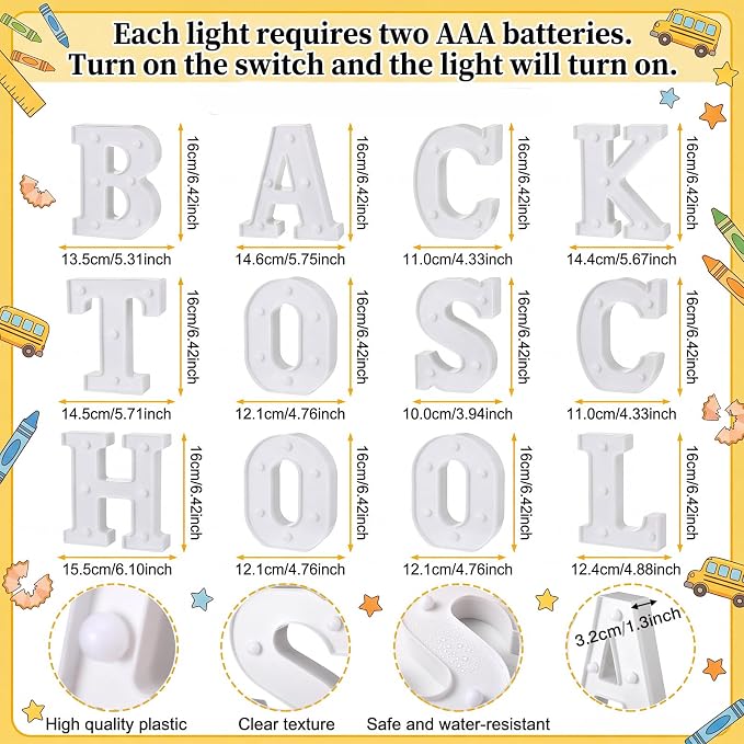 Honoson 12 Pcs Back to School Decoration LED Letter Lights Sign Neon Marquee Lights First Day of School Table Decoration for Classroom Office Desktop Decor