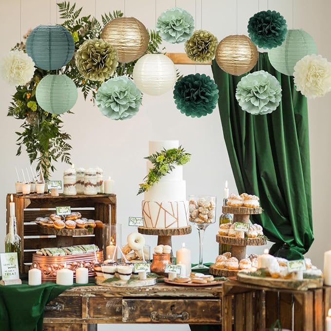 Sage Green Party Decorations, Paper Lanterns and Pom Poms Flowers for Birthday Party Baby Shower Wedding Shower Decor Gold/Ivory/Sage Green 15pcs