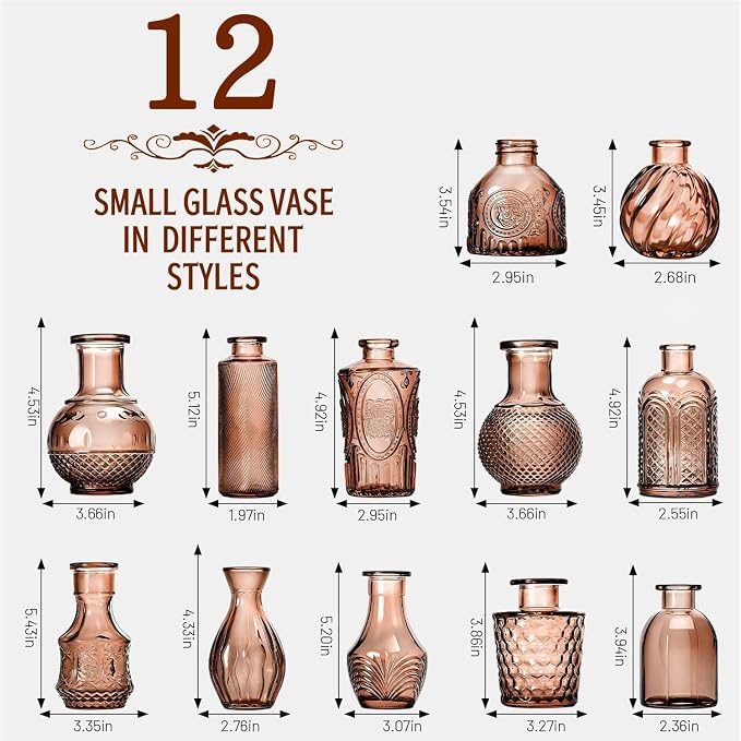 Mini Bud Vases Centerpieces for Tables, for Flowers,Small Flower Vases Suitable for Birthday Party,Anniversary,Wedding Reception,Baby Shower (Amber, 12PCS)
