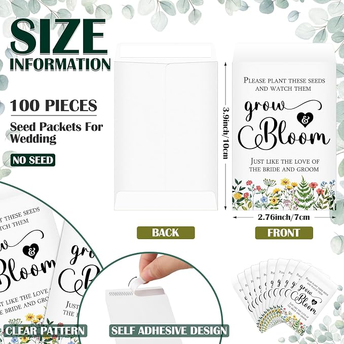Ctosree 100 Set Wedding Favors for Guests Bulk Include 100 Pcs Self Adhesive Seed Packets Kraft Paper Seed Envelopes Let Love Grow Cards and Organza Gift Bags for Bridal Shower(Stylish)