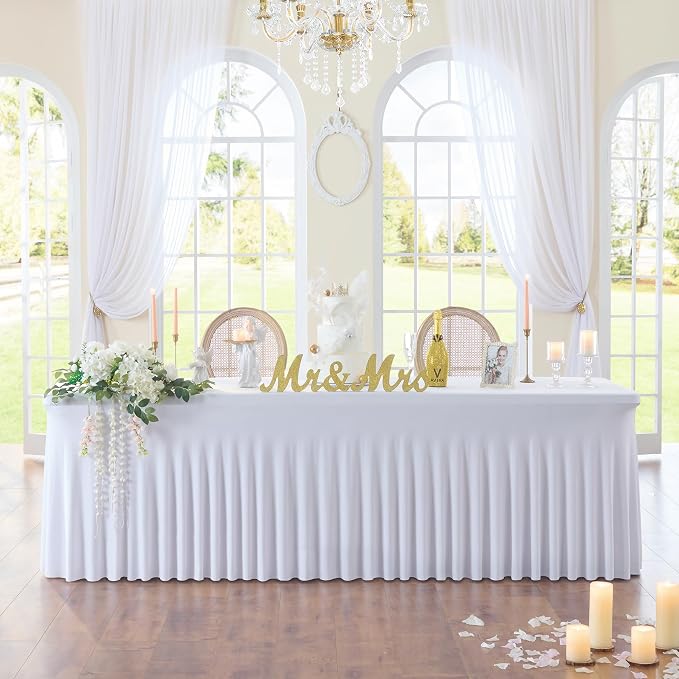 8 pk White Spandex Table Cloth Rectangle 8ft with Ruffle Skirt,Wrinkle Free High-Stretch Fitted Tablecloths for 8 Foot Rectangle Tables,Elastic Spandex Table Covers 8 ft for Parties Weddings Banquet
