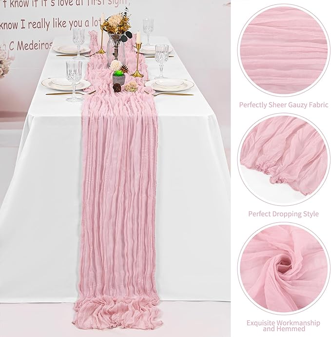 8 Pack Light Pink Cheesecloth Table Runner 120 Inch 10FT Spring Boho Rustic Sheer Gauze Cheese Cloth Table Runner for Wedding Baby Shower Birthday Party Table Decor