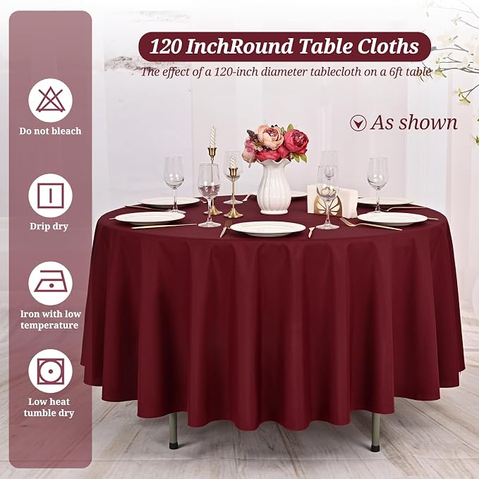 Pesonlook 8 Pack 120 Inch Burgundy Round Table Cloths, Premium Polyester Round Tablecloth Wrinkle Resistant Washable Table Cover for Wedding, Party, Dining,Banquet,Buffet