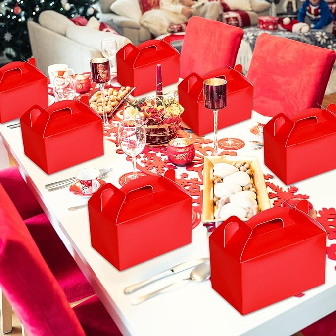 36 Pcs Party Favor Treat Boxes, Goodie Candy Gable Paper Gift Boxes with Handles for Birthday Wedding Shower Christmas Party Supplies, 6 x 3.5 x 3.5 Inches(Red)