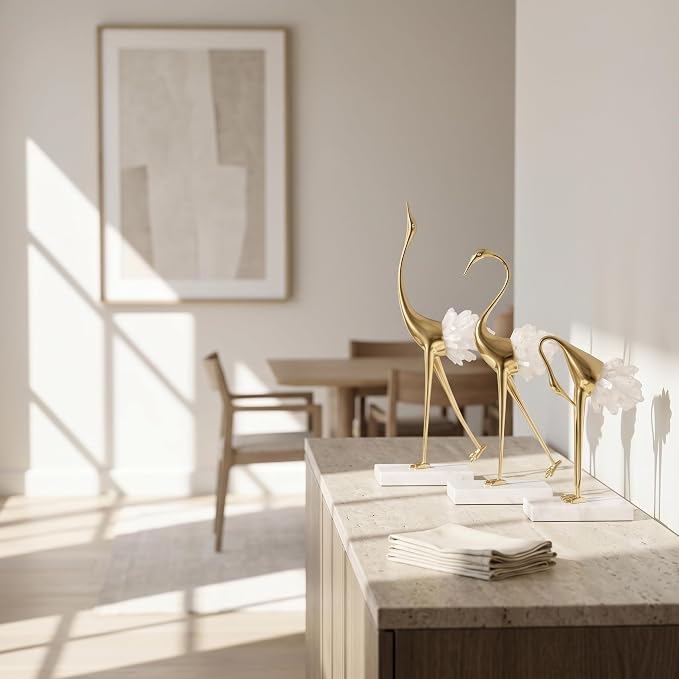 suruim Elegant Gold Crane Bird Statues with Crystal Tail Accents, Decorative Brass Figurines for Home Decor (White C)