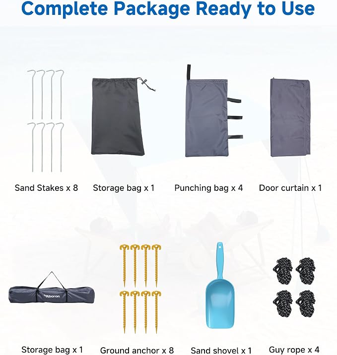 Slsy Beach Tent 10 x 10 FT, Beach Shelter with Removable Side Wall, UPF 50+ Canopy Cabana for Sun Protection, Easy Setup Shade with Sandbags, Stakes & Guy Lines, Wind Resistant, Fits 6-8 People