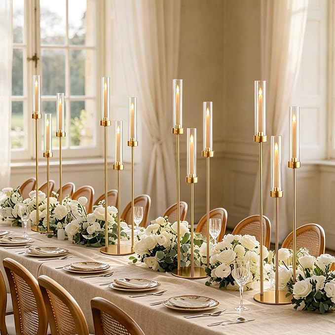 10pcs Gold Candelabra for Wedding Table Centerpieces, 33.8'' Tall 3 Arm Candle Holder with Acrylic Lampshade for Party, Events, Church, Christmas & Halloween Home Decor, Fit LED Taper Candles