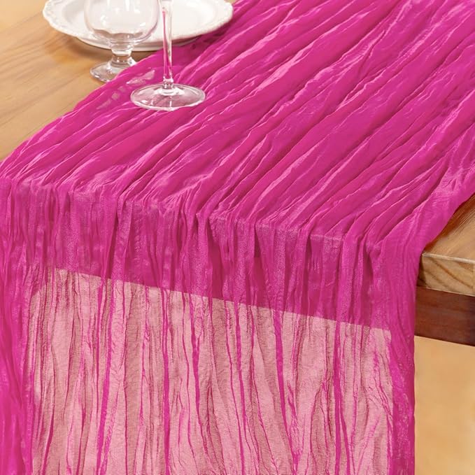 DeZerlor Hot Pink Cheesecloth Table Runner Spring Easter Table Runner Boho Gauze 120 Inches Fuschia Cheese Cloth Table Decor for Wedding Bridal Baby Shower Parties