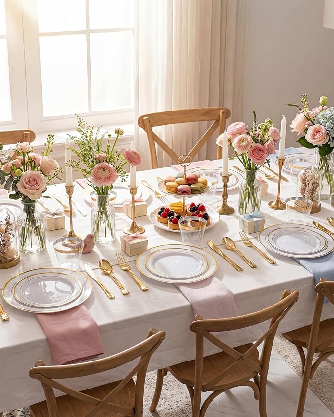 bUCLA 300PCS Gold Disposable Dinnerware Set - White and Gold Plastic Plates - Include 50 Each (Dinner&Dessert) Plates,50 Knives,50 Forks,50 Spoons,50 Cups for Party