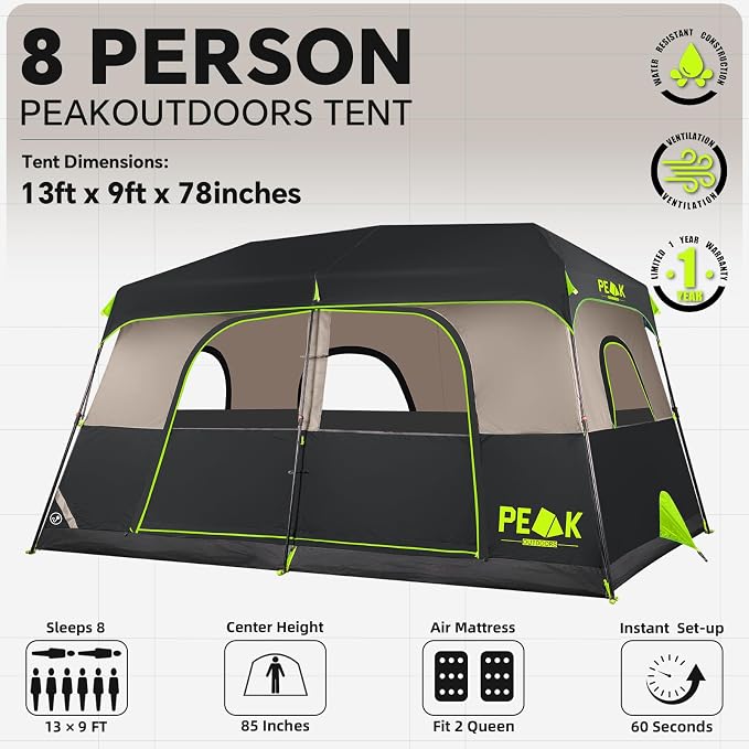 PEAK OUTDOORS Instant Tent 6/8 Person Tents for Camping, 60 Second Easy Setup Portable Camping Cabin Tent with Rainfly, Waterproof Pop Up Tents for Family Camping & Hiking with Expandable Carry Bag