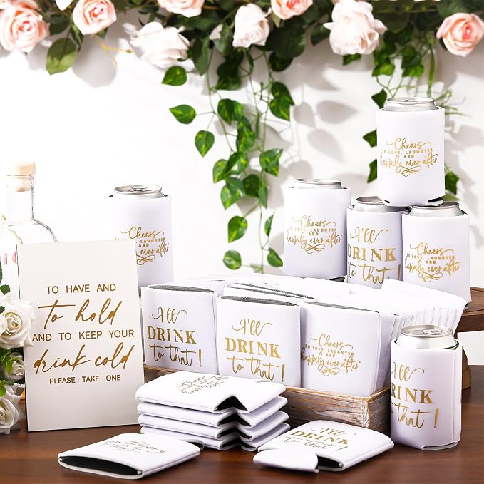 SiliFine 101 Pcs White Wedding Can Cooler Bulk Engagement Party Favors for 100 Guests Cheers to Love Laughter, and I'll Drink Can Cooler with Wooden Wedding Table Sign Bridal Shower Favor